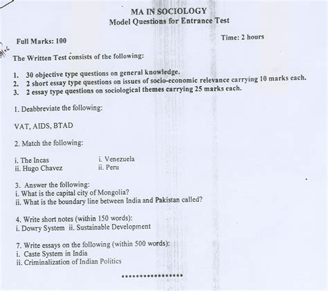 Tu Model Question For Entrance Exam For Ma In Sociology P