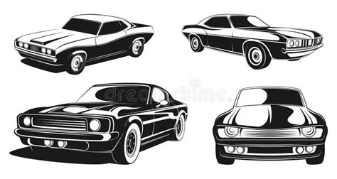 Grupo Monocromático Da Ilustração De Carros Retros Do Músculo Vetor