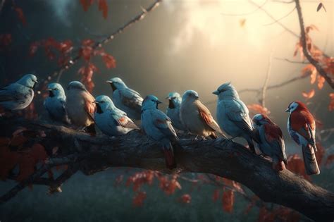 Premium AI Image A Group Of Birds Sit On A Branch In Front Of A Sunset