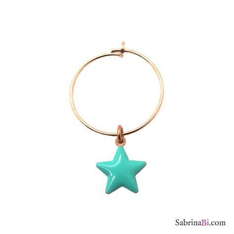 Mono Orecchino A Cerchio 2cm Argento 925 Oro Rosa Stella Smalto Verde