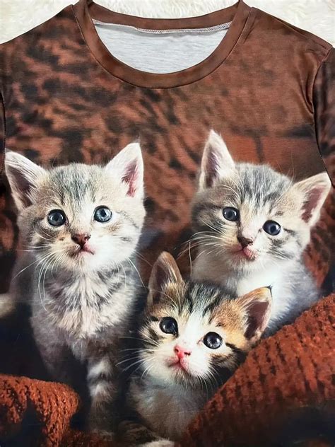 Cute Cat Print Crew Neck T Shirt Casual Short Sleeve T Shirt Temu