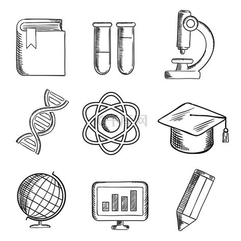 教育和科学素描图标与地球仪、dna、原子、书籍、烧瓶和管子、显微镜、铅笔、计算机和学术帽。素材图片免费下载 千库网