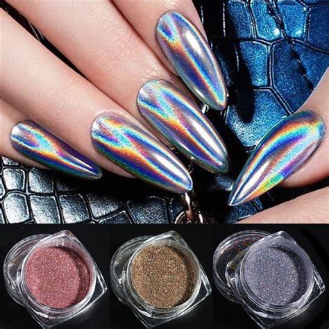 Hama Nail Holographic Powder On Nails Laser Silver Glitter Chrome Nail