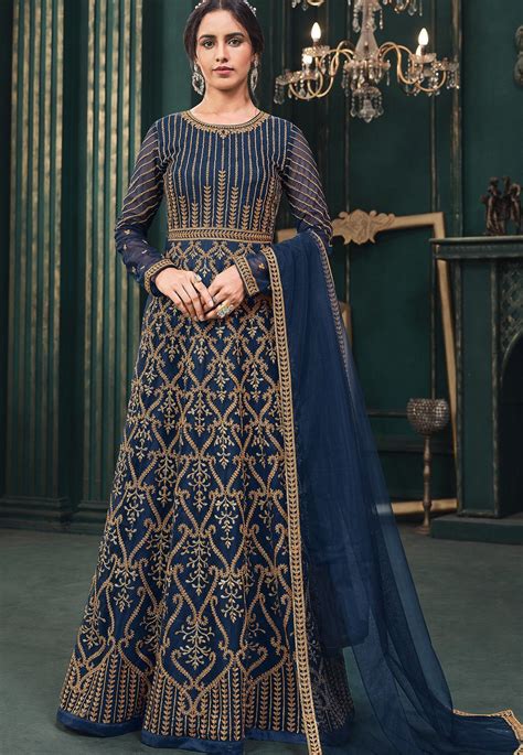 Blue Net Embroidered Floor Length Anarkali Suit