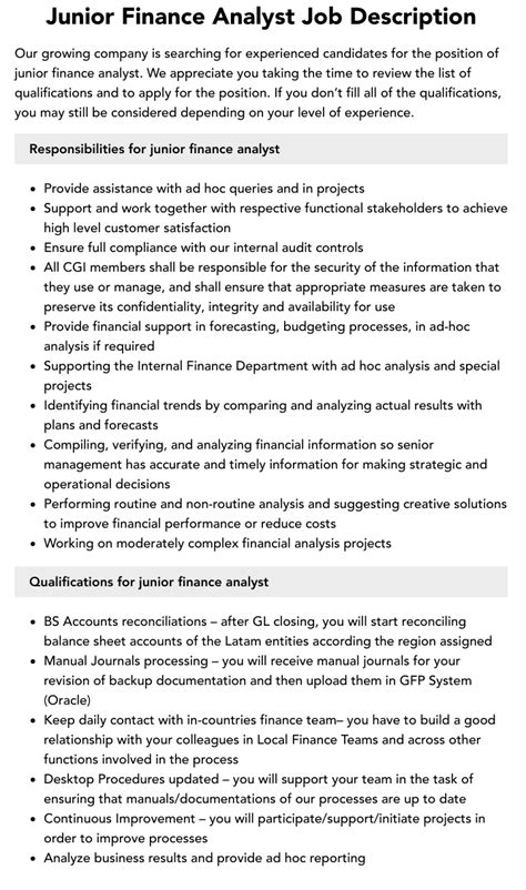 Junior Finance Analyst Job Description Velvet Jobs