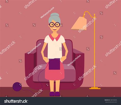 Happy Grandmother Knits Sitting Armchair Vector Vector De Stock Libre