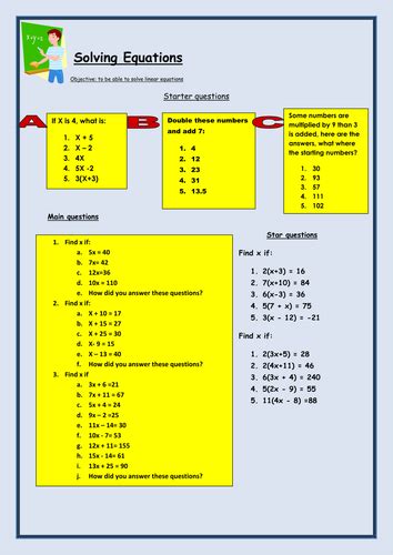 Ks3ks4 Maths Solving Linear Equations Worksheet By Bcooper87