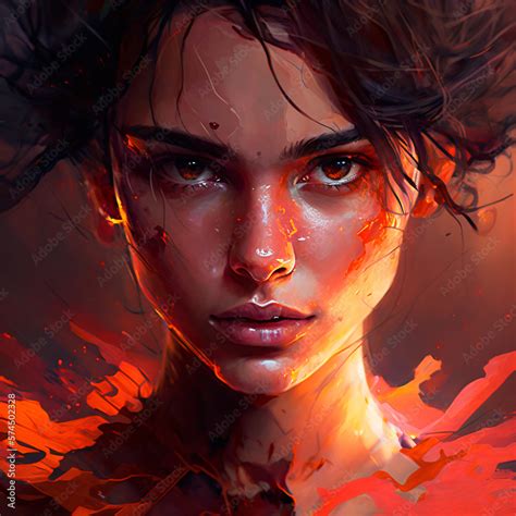 Fantasy Poster Style Illustration Of A Beautiful Girl With Red Eyes Surrounded By Red Lights