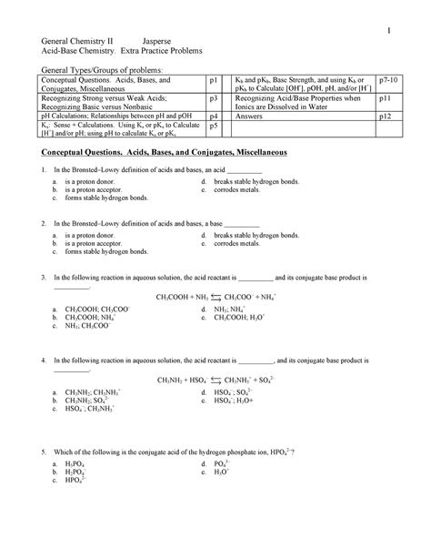 Acid Base Practice Problems General Chemistry II Jasperse Acid Base