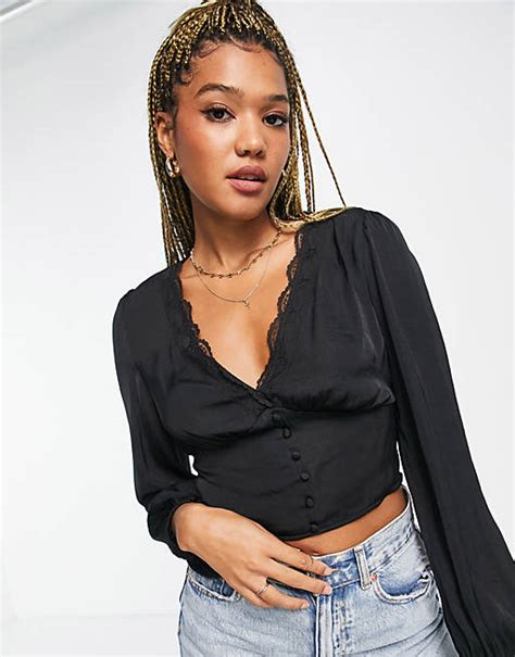 Stradivarius Satin Button Detail Romantic Blouse In Black Asos