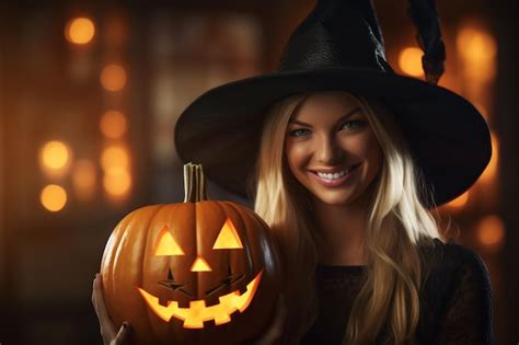 Premium AI Image A Happy Woman Dressed In A Witch Halloween Costume