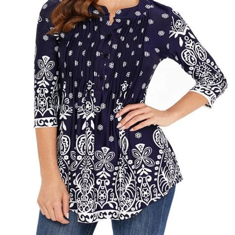 Plus Size Bohemian Women 3 4 Sleeve Vintage Flora Printed Tunic Tops 3