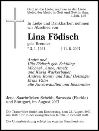 Traueranzeigen von Lina Födisch Saarbruecker Zeitung Trauer de