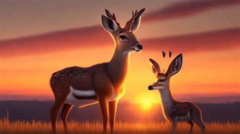 Premium Ai Image A Deer And A Baby Are Standing In Front Of A Sunset