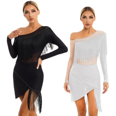 K P Womens Oblique Shoulder Tassel Long Sleeve Irregular Hem Latin Jazz