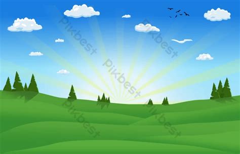 Sky Clouds Sun Sunset Cartoon Background With Landscape Area Trees ...