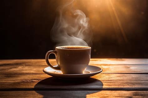 Premium Photo Titulo Hot Coffee In Mug On Rustic Wooden Table And Back Light Background