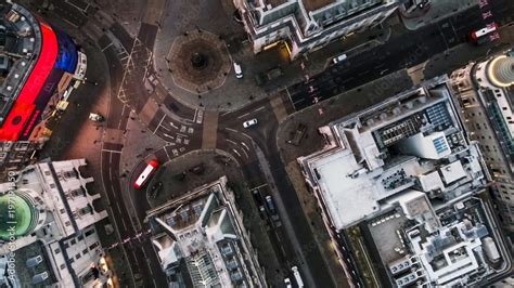 Birds Eye View Flying Over Piccadilly Circus And Aerial View Of London