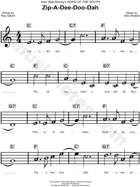 Zip A Dee Doo Dah From Song Of The South Sheet Music For Beginners