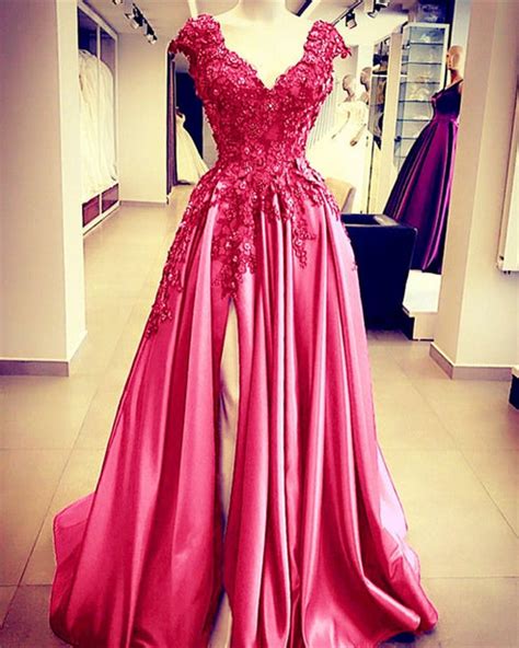 Long Satin Lace Beaded Prom Dresses Cap Sleeves Alinanova