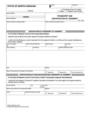 Fillable Online Nccourts TRANSCRIPT AND CERTIFICATION OF JUDGMENT Fax