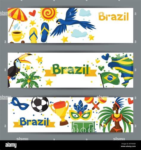 Brasil pancartas con objetos estilizados y símbolos culturales Imagen