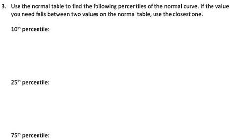 Solved Use The Normal Table To Find The Following Percentiles Of The Normal Curve If The Value