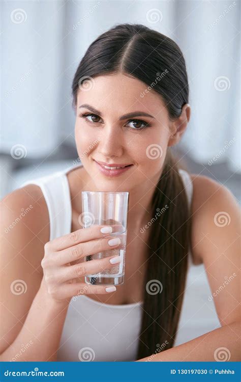 Happy Woman Drinking Water Beautiful Female With Glass Of Water Stock