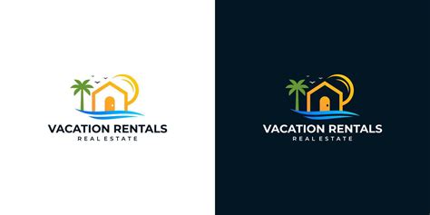 Vacation Logo Design Template With Tropical Beach House Sun And Palm