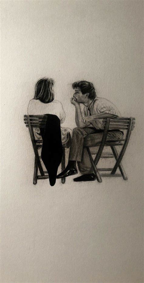 A Drawing Of Two People Sitting On A Bench With Their Backs To Each