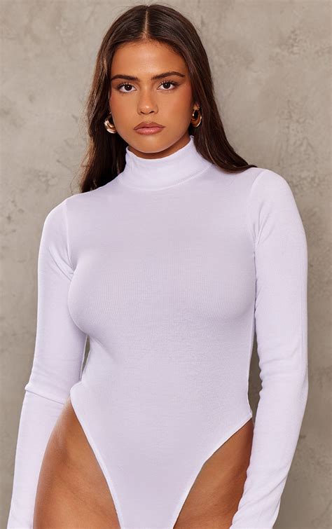 White Basic Ribbed High Neck Long Sleeve Bodysuit Tops