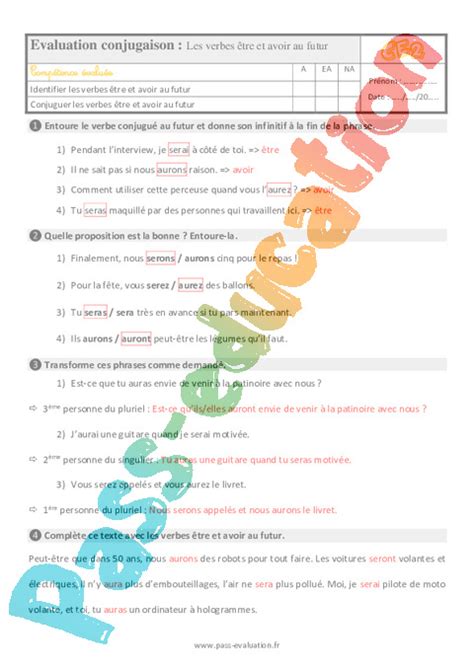 Evaluation Bilan Ce Les Verbes Tre Et Avoir Au Futur Pdf