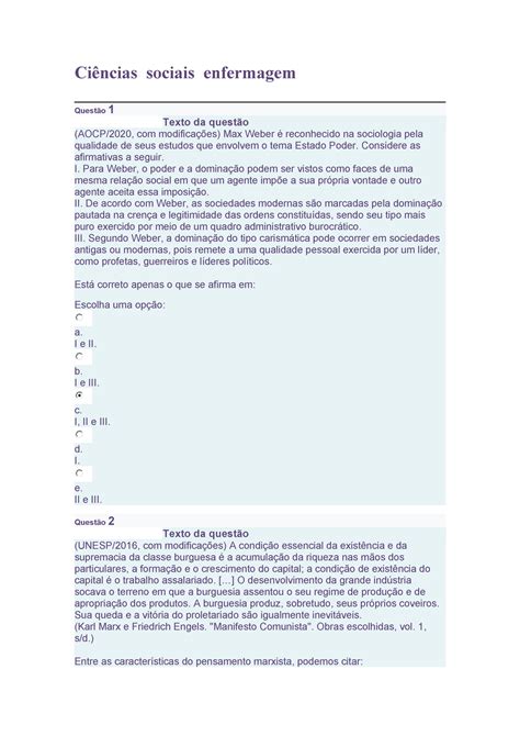 Ci Ncias Sociais Enfermagem Ci Ncias Sociais Enfermagem Quest O