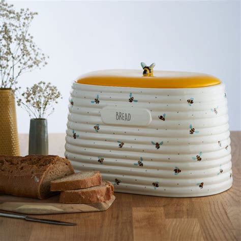 Bee Ceramic Yellow White Bread Loaf Bin Crock Large Bread Bin Etsy Uk