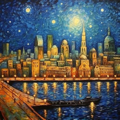 Premium AI Image | A painting of a city by night with the lights of the ...