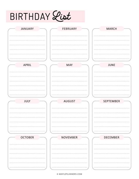 Printable Birthday List Template