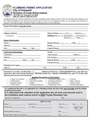 Fillable Online Plumbing Permit Application City Of Hopewell Division