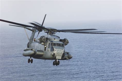 A US Marine Corps USMC CH 53E Super Stallion Helicopter In Flight