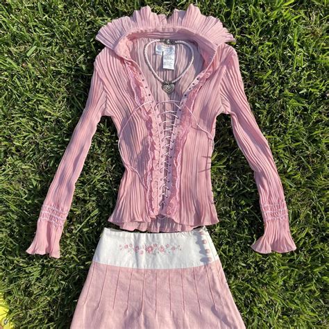 Vintage Pastel Pink Ruffle Lace Up Button Blouse Depop