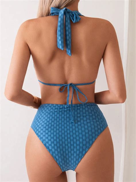 Shein Swim Women Checkerboard Halter Strap Sexy Bikini Set For Beach