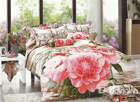 Alluring 4 Piece Cotton Bedding Sets With Pink Big Flowers Of Printing