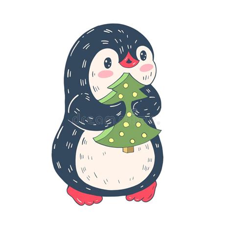 Winter Illustration With Funny Cartoon Penguin With Christmas Tree