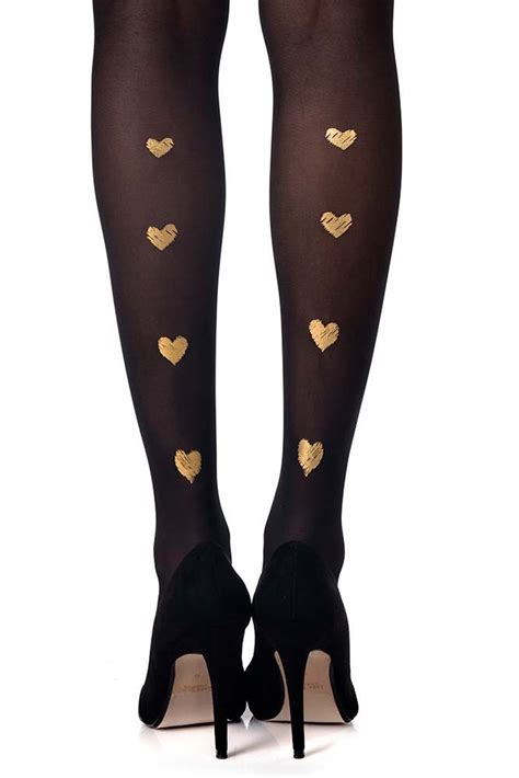 Golden Hearts On Black Sheer Tights Perfect For Valentines Day Swim