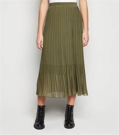 Khaki Chiffon Pleated Midi Skirt Drest