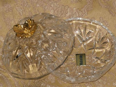 Crystal Trinket Bowl With Lid Clear Gold Italy Vintage