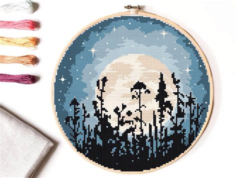 Landschap Cross Stitch Patroon Natuur Geteld Kruissteekschema Maan