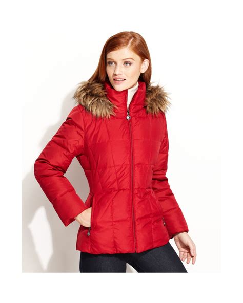 Calvin Klein Faux Fur Trim Hooded Puffer Parka In Red Lyst