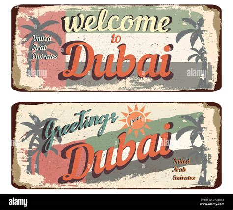Vintage Grunge Retro Sign Welcome To Dubai Greetings From Dubai Stock