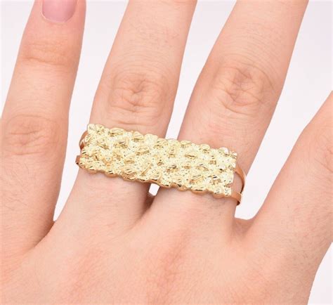 Mens Rectangular Nugget Diamond Cut Two Finger Ring Real 10k Yellow