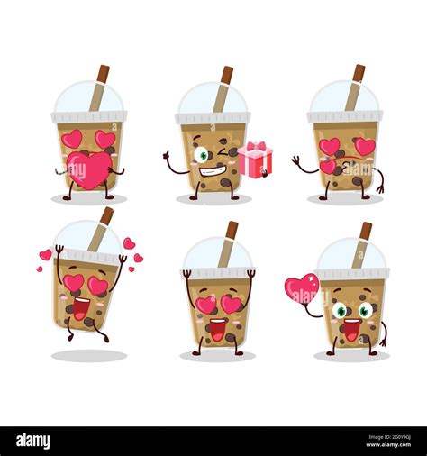 Chocolate Coffee With Boba Cartoon Character With Love Cute Emoticon